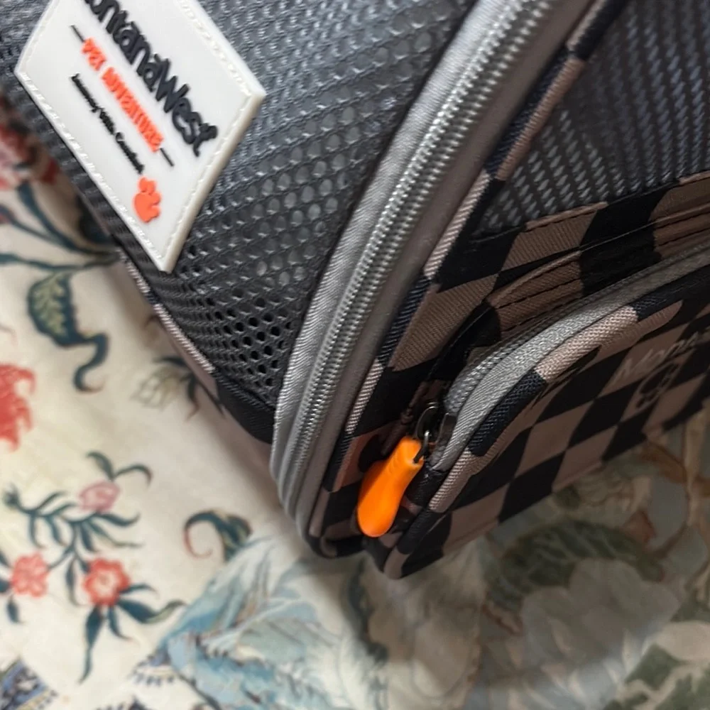 Montana West Checkered Gray Pet Carrier with Orange Accents